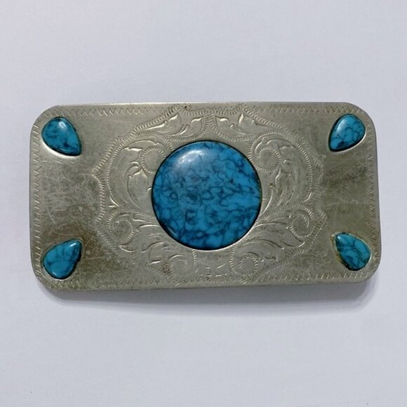 Vintage Nickel Silver And Turquoise Large Belt Buckle main image 4